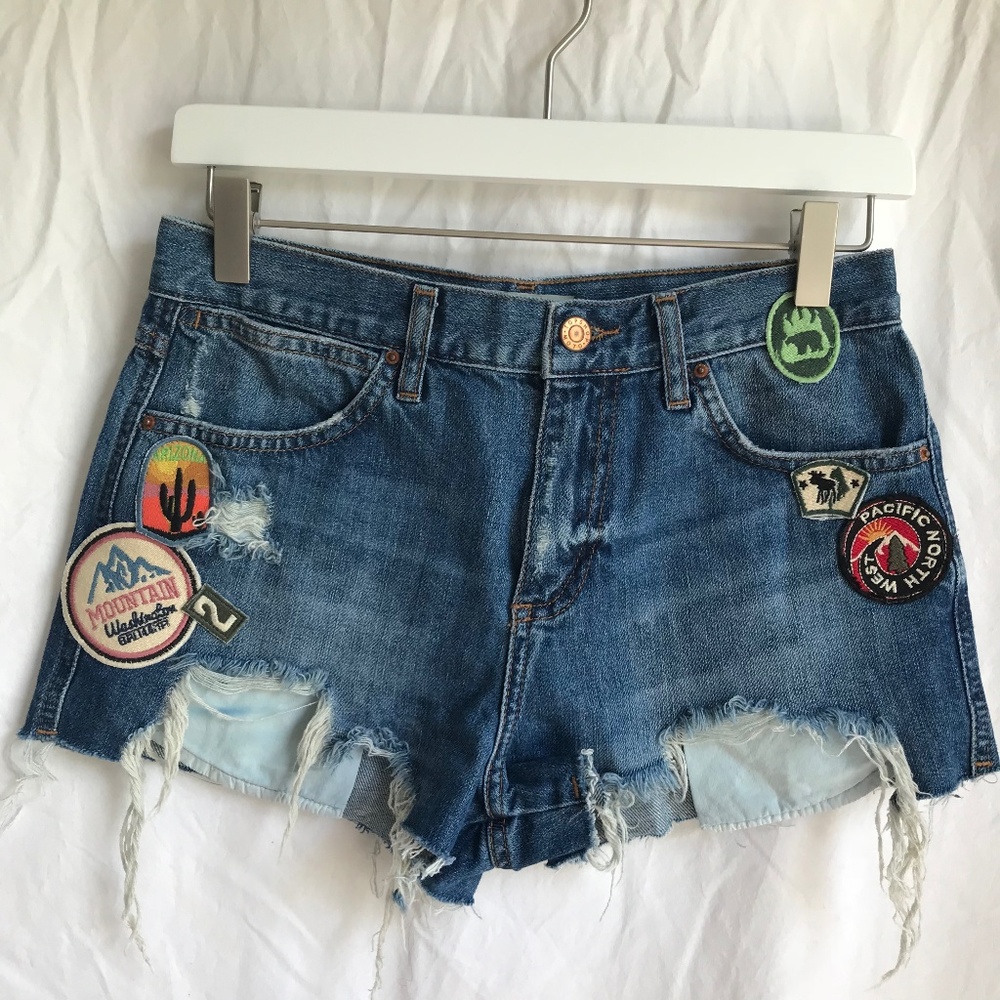 Topshop Rosa Mota patchwork jean cutoff shorts